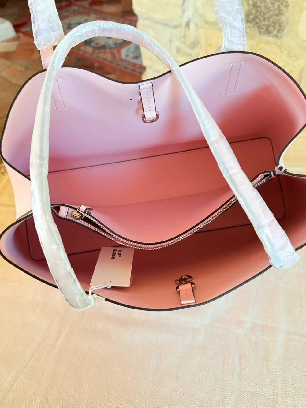 Tory Burch Pale Pink Leather Tote with Shoulder Straps